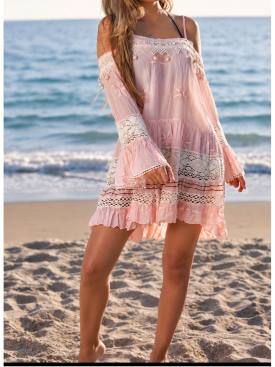 Ranees Dresses & Skirts - Pastel Pink Boho Mini Dress S/M Off Shoulder Lace Embroidered Beach Cover Up